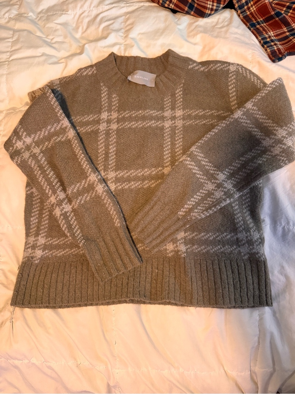 Everlane Beige Brown Plaid Crewneck Alpaca Sweater